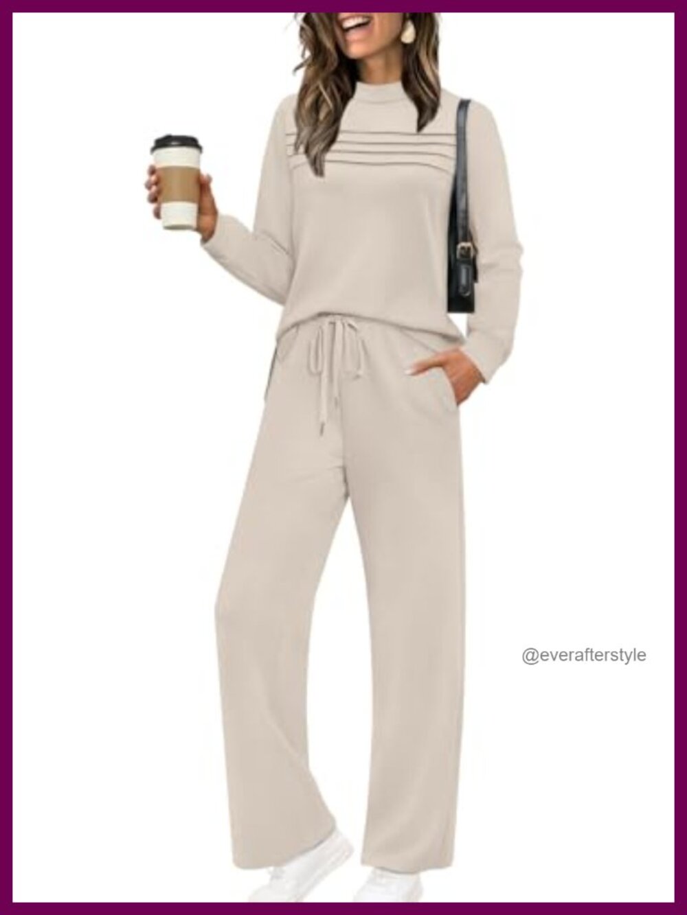 Two Piece Lounge Set Long Sleeve Top Wide Leg Crop Pants Travel Outfit